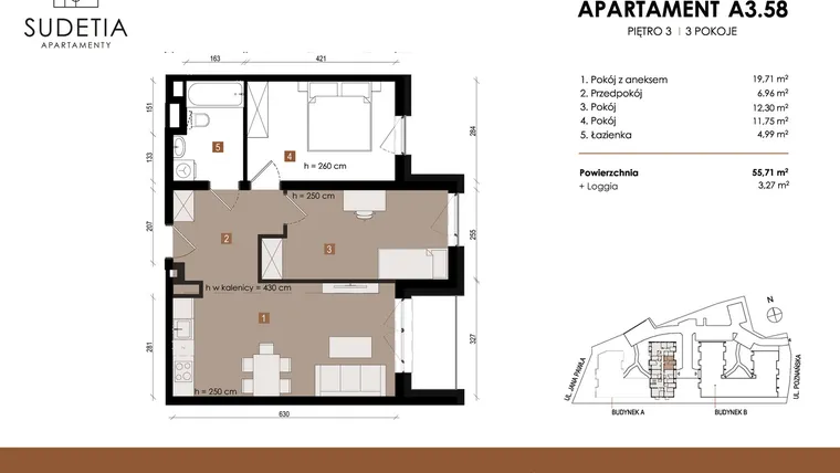 Rzut - Mieszkanie na sprzedaż 3 pokoje o powierzchni 55,71 m² - numer A 3.58 w Apartamenty Sudetia