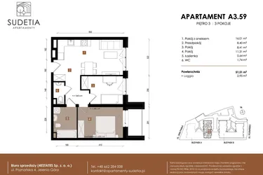 Rzut - Mieszkanie na sprzedaż 3 pokoje o powierzchni 51,51 m² - numer A 3.59 w Apartamenty Sudetia