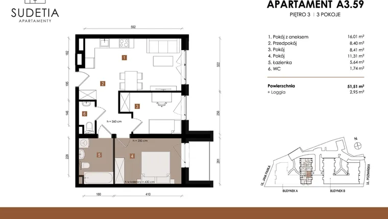 Rzut - Mieszkanie na sprzedaż 3 pokoje o powierzchni 51,51 m² - numer A 3.59 w Apartamenty Sudetia