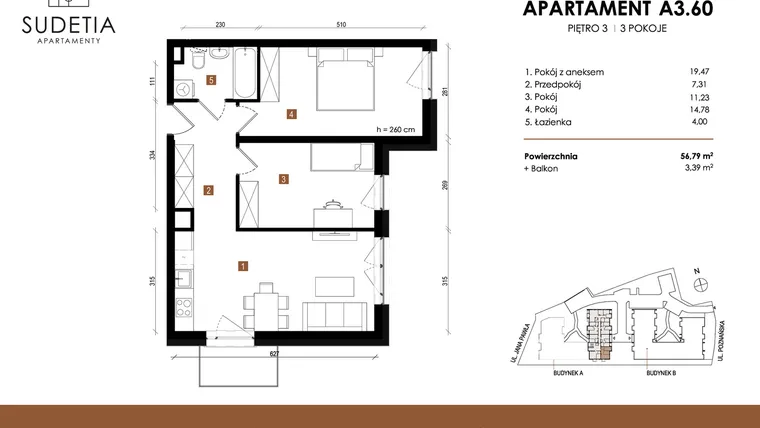 Rzut - Mieszkanie na sprzedaż 3 pokoje o powierzchni 56,79 m² - numer A 3.60 w Apartamenty Sudetia