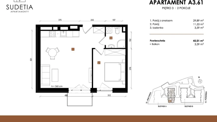 Rzut - Mieszkanie na sprzedaż 2 pokoje o powierzchni 45,01 m² - numer A 3.61 w Apartamenty Sudetia