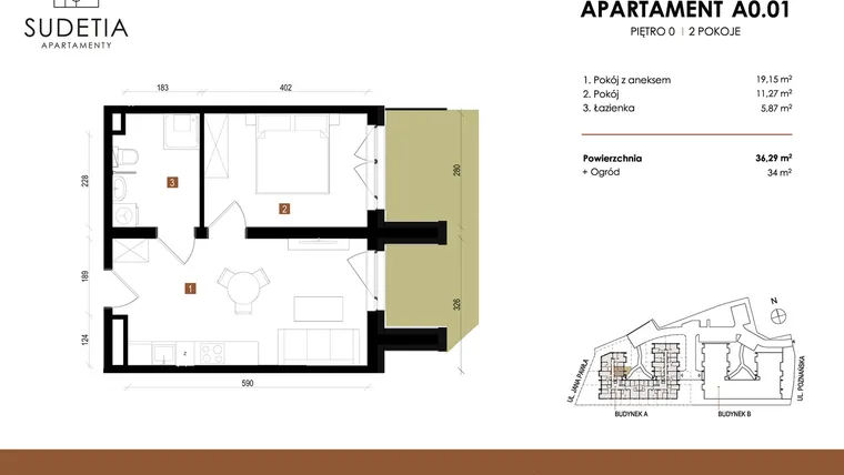 Rzut - Mieszkanie na sprzedaż 2 pokoje o powierzchni 36,29 m² - numer A 0.01 w Apartamenty Sudetia
