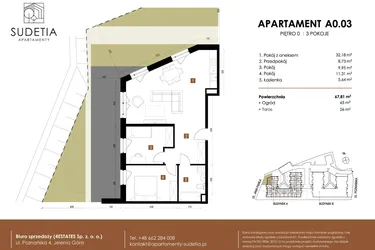 Rzut - Mieszkanie na sprzedaż 3 pokoje o powierzchni 67,81 m² - numer A 0.03 w Apartamenty Sudetia