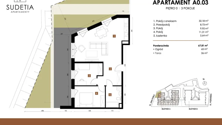 Rzut - Mieszkanie na sprzedaż 3 pokoje o powierzchni 67,81 m² - numer A 0.03 w Apartamenty Sudetia