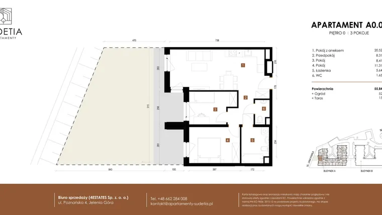 Rzut - Mieszkanie na sprzedaż 3 pokoje o powierzchni 55,84 m² - numer A 0.04 w Apartamenty Sudetia