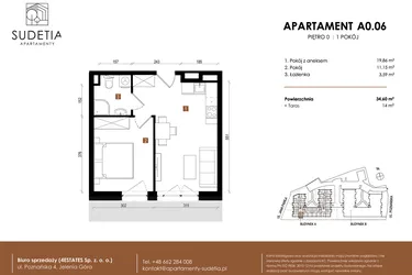 Rzut - Mieszkanie na sprzedaż 2 pokoje o powierzchni 34,6 m² - numer A 0.06 w Apartamenty Sudetia
