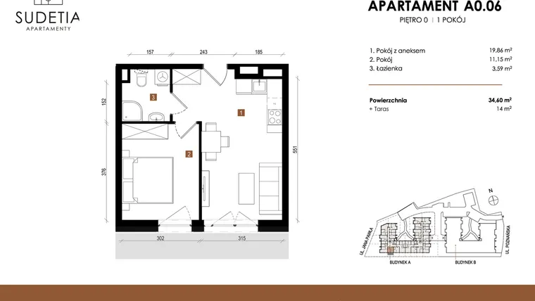 Rzut - Mieszkanie na sprzedaż 2 pokoje o powierzchni 34,6 m² - numer A 0.06 w Apartamenty Sudetia