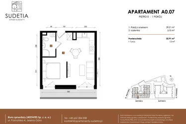 Rzut - Mieszkanie na sprzedaż 1 pokój o powierzchni 32,91 m² - numer A 0.07 w Apartamenty Sudetia