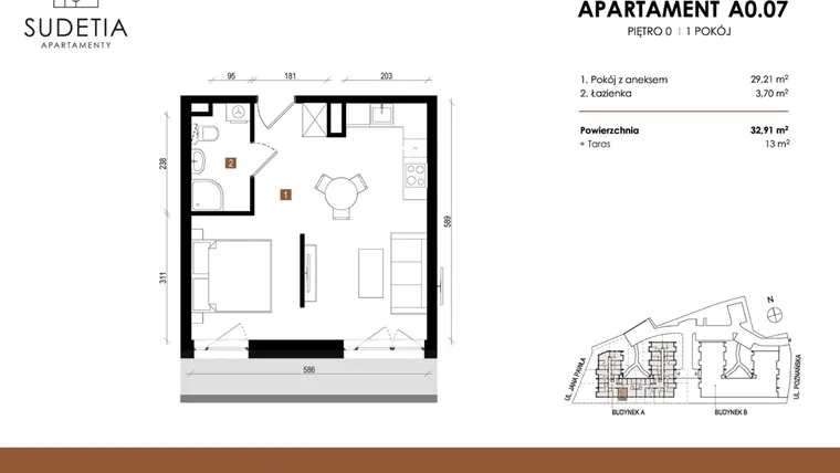 Rzut - Mieszkanie na sprzedaż 1 pokój o powierzchni 32,91 m² - numer A 0.07 w Apartamenty Sudetia
