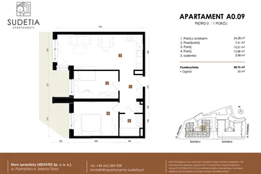 Rzut - Mieszkanie na sprzedaż 3 pokoje o powierzchni 58,76 m² - numer A 0.09 w Apartamenty Sudetia