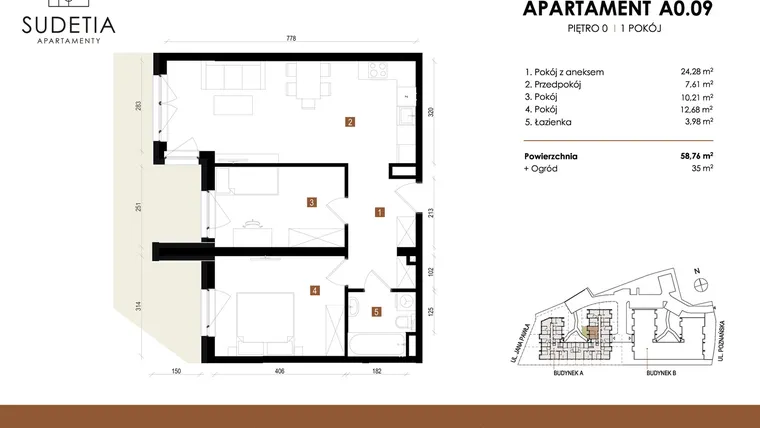 Rzut - Mieszkanie na sprzedaż 3 pokoje o powierzchni 58,76 m² - numer A 0.09 w Apartamenty Sudetia
