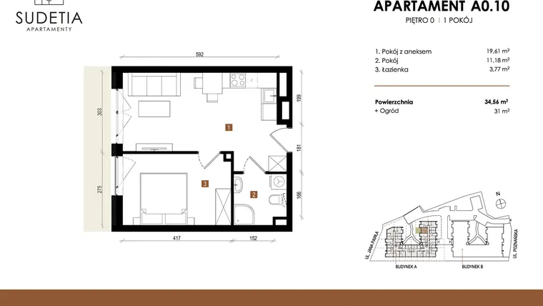 Rzut - Mieszkanie na sprzedaż 2 pokoje o powierzchni 34,56 m² - numer A 0.10 w Apartamenty Sudetia