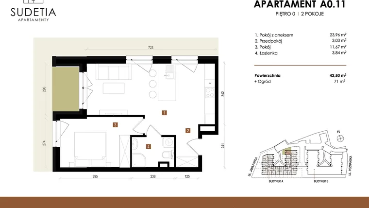 Rzut - Mieszkanie na sprzedaż 2 pokoje o powierzchni 42,5 m² - numer A 0.11 w Apartamenty Sudetia