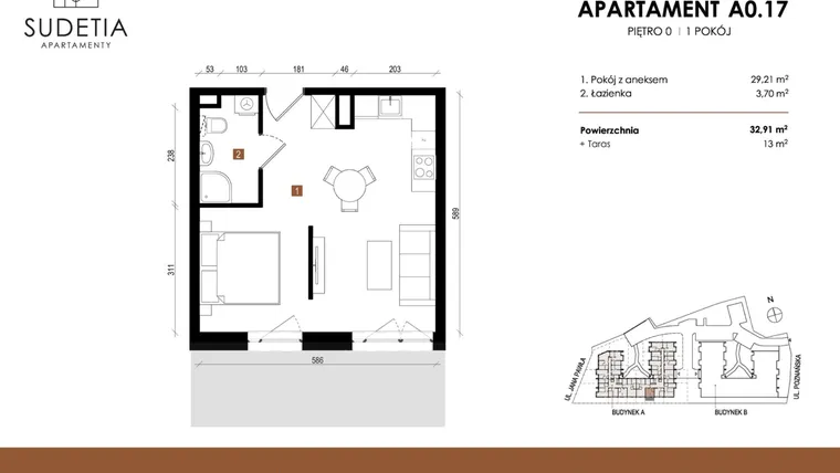 Rzut - Mieszkanie na sprzedaż 1 pokój o powierzchni 32,91 m² - numer A 0.17 w Apartamenty Sudetia