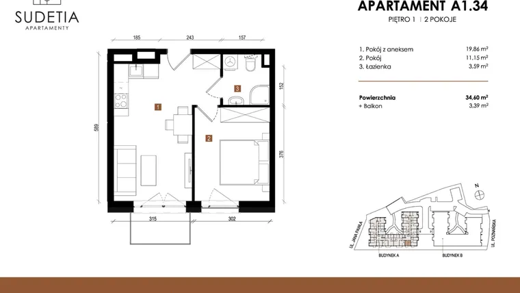 Rzut - Mieszkanie na sprzedaż 2 pokoje o powierzchni 34,6 m² - numer A 1.34 w Apartamenty Sudetia