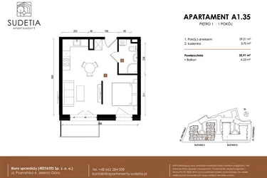 Rzut - Mieszkanie na sprzedaż 1 pokój o powierzchni 32,91 m² - numer A 1.35 w Apartamenty Sudetia