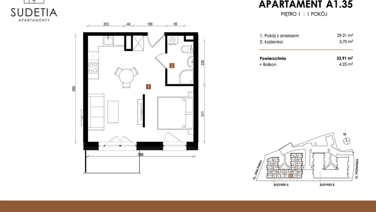 Rzut - Mieszkanie na sprzedaż 1 pokój o powierzchni 32,91 m² - numer A 1.35 w Apartamenty Sudetia