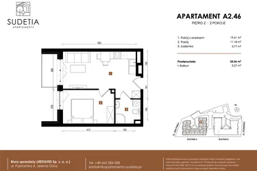Rzut - Mieszkanie na sprzedaż 2 pokoje o powierzchni 34,56 m² - numer A 2.46 w Apartamenty Sudetia