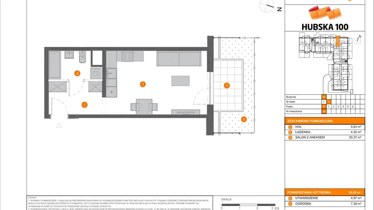 Rzut - Mieszkanie na sprzedaż 1 pokój o powierzchni 30,55 m² - numer B.18 w Hubska 100