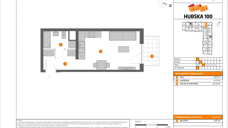 Rzut - Mieszkanie na sprzedaż 1 pokój o powierzchni 30,12 m² - numer B.64 w Hubska 100