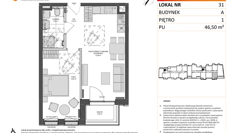 Rzut - Mieszkanie na sprzedaż 2 pokoje o powierzchni 46,5 m² - numer A.31 w Jaskółcza