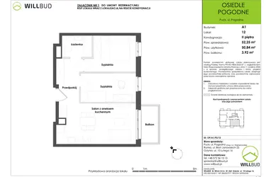 Rzut - Mieszkanie na sprzedaż 3 pokoje o powierzchni 50,84 m² - numer OP/A1/P2/12 w Osiedle Pogodne etap I