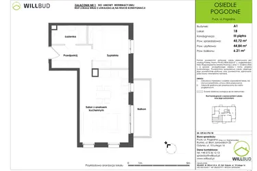 Rzut - Mieszkanie na sprzedaż 2 pokoje o powierzchni 44,84 m² - numer OP/A1/P3/18 w Osiedle Pogodne etap I
