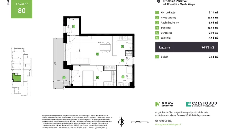 Rzut - Mieszkanie na sprzedaż 2 pokoje o powierzchni 54,93 m² - numer C1-80 w Nowa Częstochowa