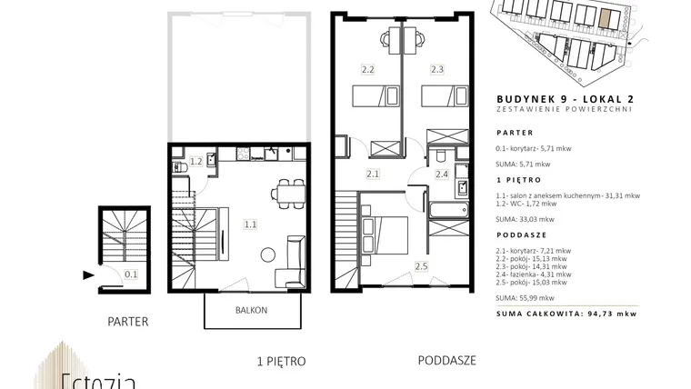 Rzut - Mieszkanie na sprzedaż 3 pokoje o powierzchni 96,1 m² - numer B9/M2 w Wille Estezja