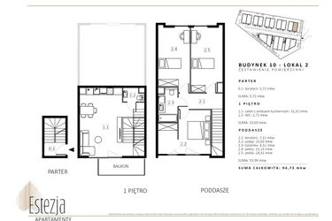 Rzut - Mieszkanie na sprzedaż 3 pokoje o powierzchni 96,1 m² - numer B10/M2 w Wille Estezja