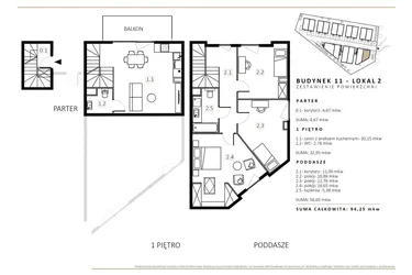 Rzut - Mieszkanie na sprzedaż 3 pokoje o powierzchni 94,25 m² - numer B11/M2 w Wille Estezja