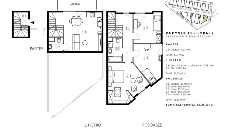 Rzut - Mieszkanie na sprzedaż 3 pokoje o powierzchni 94,25 m² - numer B11/M2 w Wille Estezja