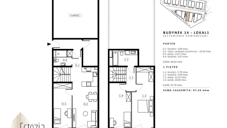 Rzut - Mieszkanie na sprzedaż 3 pokoje o powierzchni 97,3 m² - numer B14/M1 w Wille Estezja