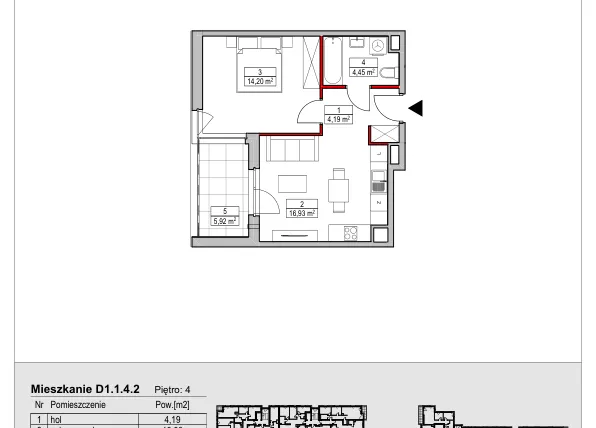 Rzut - Mieszkanie na sprzedaż 2 pokoje o powierzchni 39,77 m² - numer D1.1.4.2 w Nowy Targówek VI