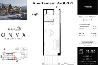 Rzut - Mieszkanie na sprzedaż 1 pokój o powierzchni 25,7 m² - numer 00.A1 w Onyx Resort & Spa