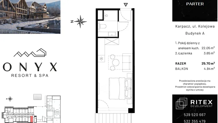 Rzut - Mieszkanie na sprzedaż 1 pokój o powierzchni 25,7 m² - numer 00.A1 w Onyx Resort & Spa