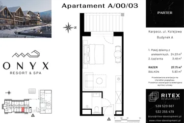 Rzut - Mieszkanie na sprzedaż 1 pokój o powierzchni 27,71 m² - numer 00.A3 w Onyx Resort & Spa