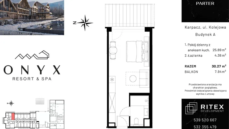 Rzut - Mieszkanie na sprzedaż 1 pokój o powierzchni 30,27 m² - numer 00.A11 w Onyx Resort & Spa