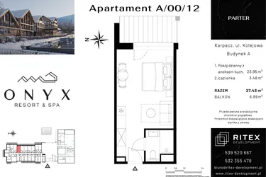Rzut - Mieszkanie na sprzedaż 1 pokój o powierzchni 27,43 m² - numer 00.A12 w Onyx Resort & Spa