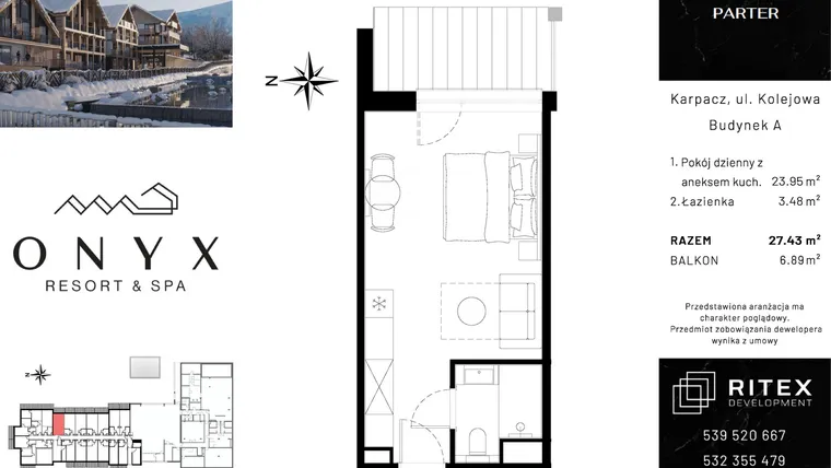 Rzut - Mieszkanie na sprzedaż 1 pokój o powierzchni 27,43 m² - numer 00.A12 w Onyx Resort & Spa