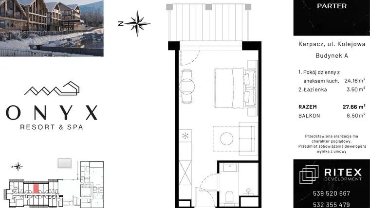 Rzut - Mieszkanie na sprzedaż 1 pokój o powierzchni 27,66 m² - numer 00.A14 w Onyx Resort & Spa