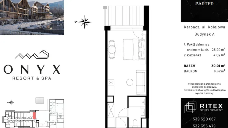 Rzut - Mieszkanie na sprzedaż 1 pokój o powierzchni 30,01 m² - numer 00.A18 w Onyx Resort & Spa