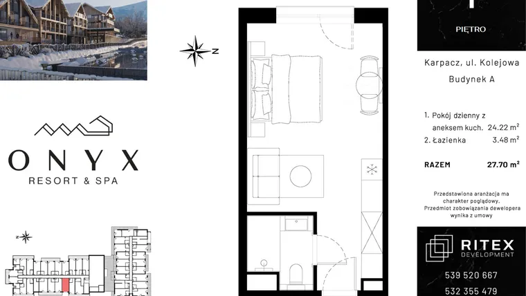Rzut - Mieszkanie na sprzedaż 1 pokój o powierzchni 27,7 m² - numer 01.A3 w Onyx Resort & Spa
