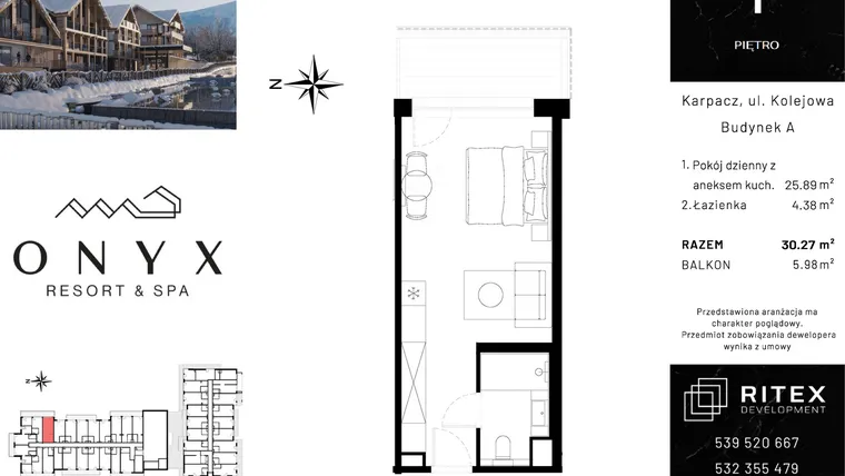 Rzut - Mieszkanie na sprzedaż 1 pokój o powierzchni 30,27 m² - numer 01.A12 w Onyx Resort & Spa