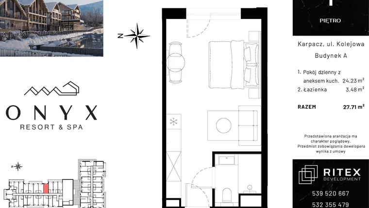 Rzut - Mieszkanie na sprzedaż 1 pokój o powierzchni 27,71 m² - numer 01.A17 w Onyx Resort & Spa