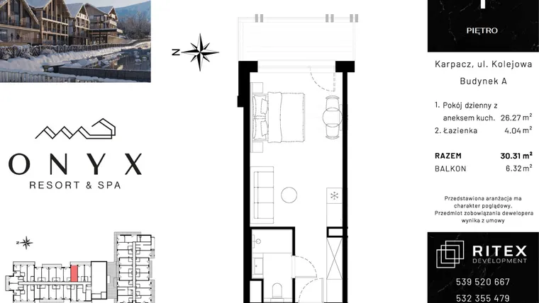 Rzut - Mieszkanie na sprzedaż 1 pokój o powierzchni 30,31 m² - numer 01.A18 w Onyx Resort & Spa