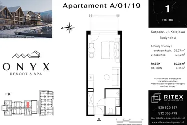 Rzut - Mieszkanie na sprzedaż 1 pokój o powierzchni 30,31 m² - numer 01.A19 w Onyx Resort & Spa