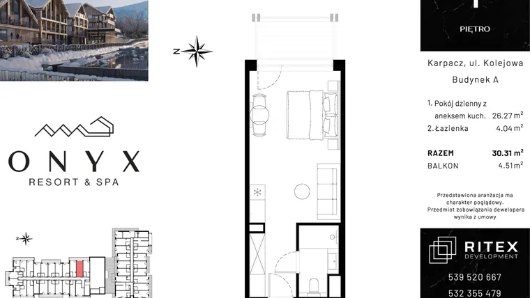 Rzut - Mieszkanie na sprzedaż 1 pokój o powierzchni 30,31 m² - numer 01.A19 w Onyx Resort & Spa