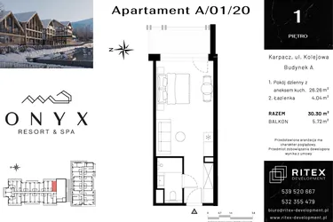 Rzut - Mieszkanie na sprzedaż 1 pokój o powierzchni 30,3 m² - numer 01.A20 w Onyx Resort & Spa