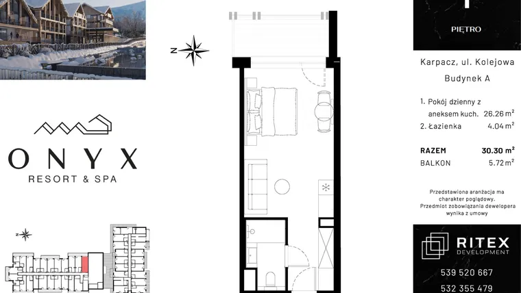 Rzut - Mieszkanie na sprzedaż 1 pokój o powierzchni 30,3 m² - numer 01.A20 w Onyx Resort & Spa
